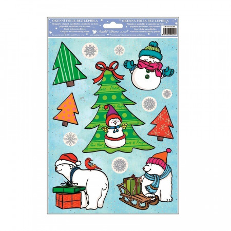 Sticker geam pentru iarna - brad craciun cu urs polar, 30 x 42 cm