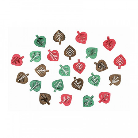 Set 24 frunze colorate din lemn - culori turcoaz, rosu, maro, 2 cm