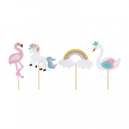 Set 4 decoratiuni din fetru pe bat: flamingo, unicorn, curcubeu, lebada, 8 cm