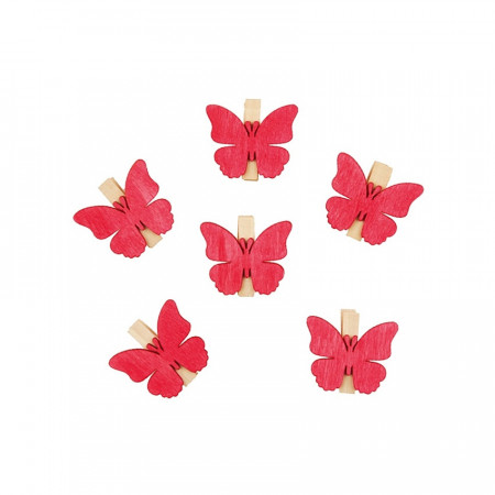 Set 6 fluturasi rosii din lemn, pe clestisor, 4 cm