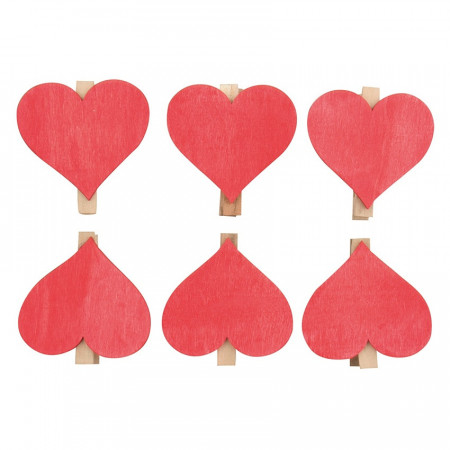 Set 6 inimi rosii pe clestisor lemn, 6 cm