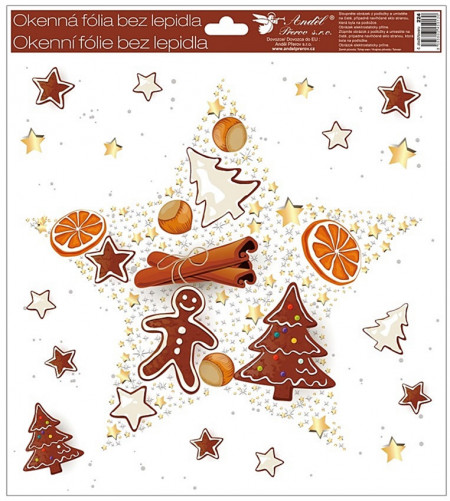 Sticker de iarna pentru geam - stea cu turta dulce, portocala, scortisoara, 30 x 33.5 cm