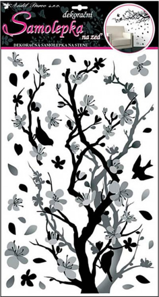 Sticker perete cu scop decorativ - crengi cu flori si pasari negre si gri