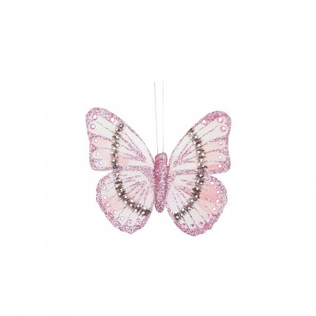 Fluturas decorativ roz, cu sclipici si cleste de prindere, 12 cm