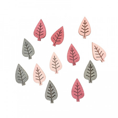 Set 12 frunze colorate din lemn - gri si roz, 4 cm