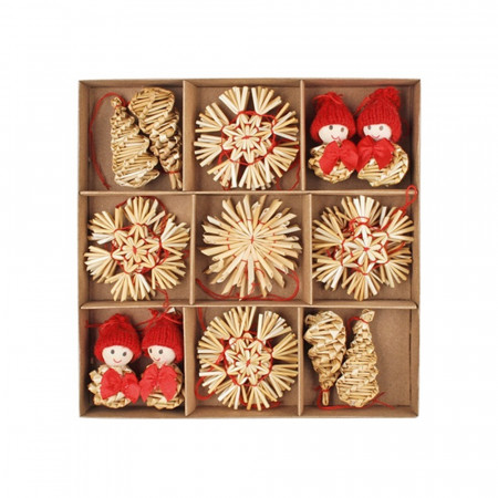 Set 26 ornamente din paie pentru bradul de Craciun, in cutie