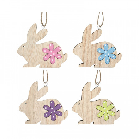 Set 4 iepurasi din lemn cu floare colorata pentru agatat - 8 cm