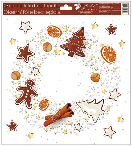 Sticker de iarna pentru geam - coroana cu turta dulce, portocala, scortisoara, 30 x 33.5 cm