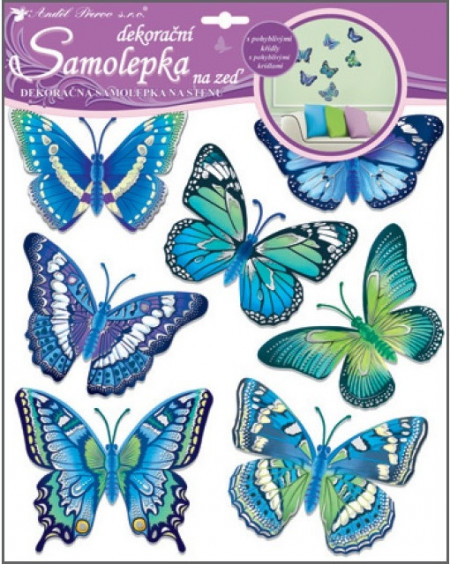 Sticker perete 3D carton - fluturi albastri cu sclipici