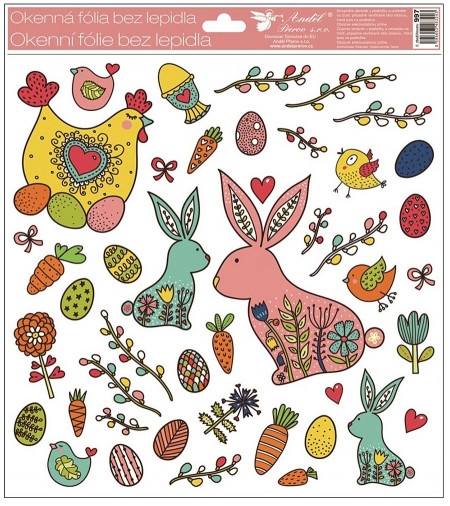 Autocolant static pentru geam cu motive de pasti - iepurasi colorati, 30 x 33.5 cm