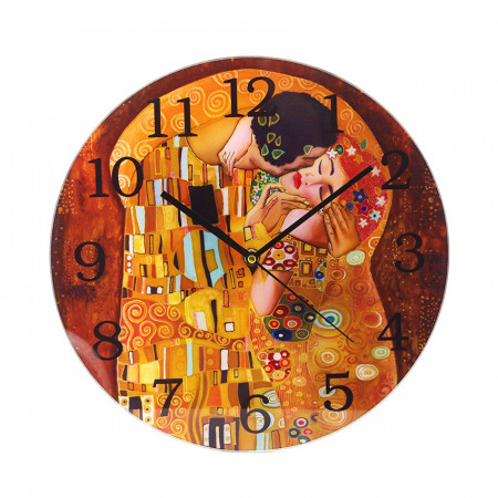 Ceas perete din sticla, grafica - GUSTAV KLIMT "Sarutul", diametru 30 cm