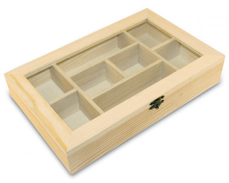 Cutie din lemn 8 compartimente cu capac din plastic transparent, 30 x 19 x 5.5 cm