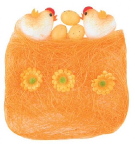 Decoratiune din sisal portocaliu cu puisori, de Pasti - 13 x 12 cm