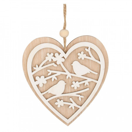 Inima din lemn cu model gravat alb - pasari, 12 cm