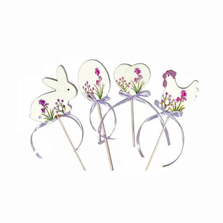 Set 4 figurine din lemn cu desen lavanda 5 cm, pe bat lemn 16 cm
