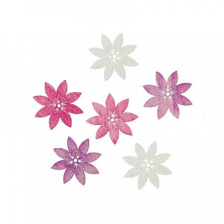 Set 6 flori din lemn vopsit - alb-roz-mov, 6 cm