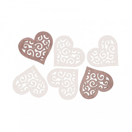 Set 6 inimi gravate din lemn - bej-maro, 6 cm
