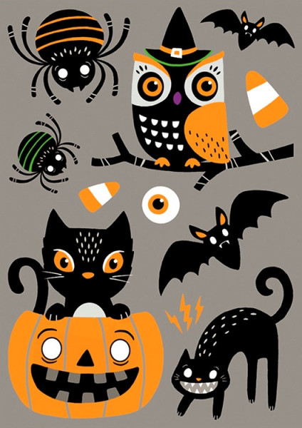 Sticker geam Halloween cu dovlecei, pisica, bufnita, paianjen, 25 x 42 cm