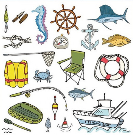 Sticker pentru geam cu motive de mare - vapor si elemente de pescuit, 30 x 33.5 cm