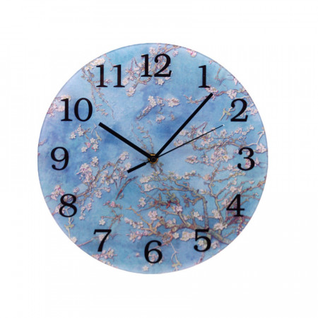 Ceas perete din sticla, grafica - VAN GOGH "Flori de migdal", diametru 30 cm