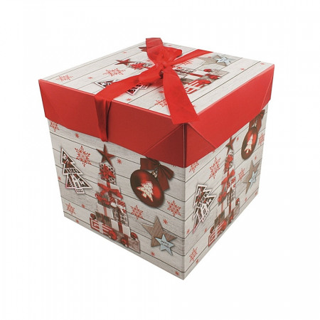 Cutie pliabila din carton pentru Craciun - desen cu cadouri, 10.5 x 10.5 x 10.5 cm