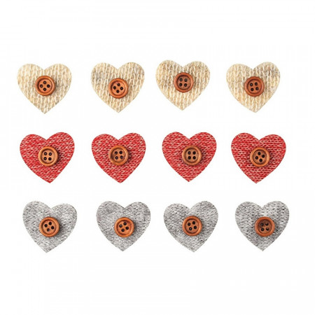 Set 12 inimioare decorative, cu buton din lemn natur, autoadezive - 3 cm
