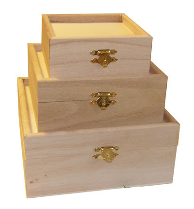 Set 3 cutii din lemn cu margine, 16.5 x 16.5 x 8 cm