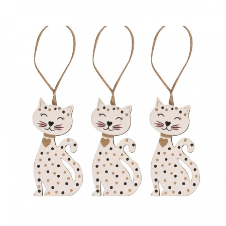 Set 3 pisici pestrite si zambitoare din lemn, pentru agatat, 7.5 cm