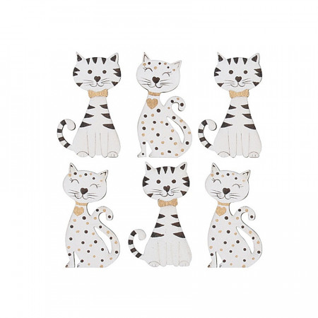 Set 6 pisici albe din lemn autoadezive, 5 cm
