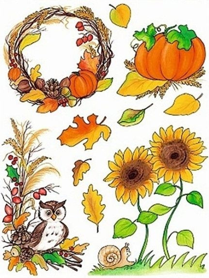 Sticker pentru geam de toamna - dovleac, bufnita si floara soarelui, 33.5 x 26 cm