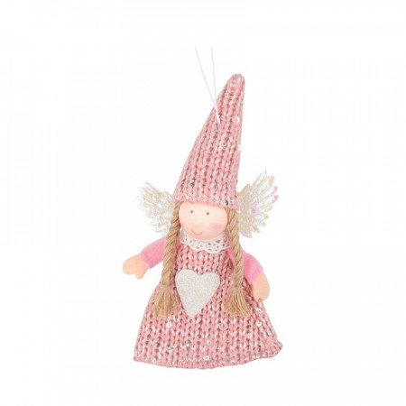 Ingeras tricotat cu paiete, rochie roz, 14 cm