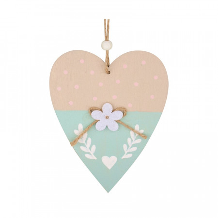 Inima din lemn, decorata roz-albastru, 14 cm