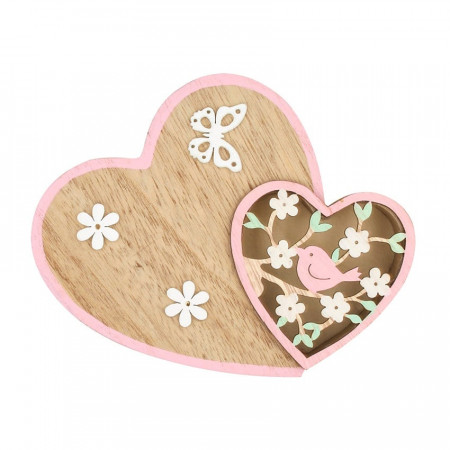 Inima din lemn pe stativ in nuante roz, 11 cm