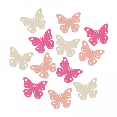 Set 12 fluturi din lemn vopsit, culori rosu-roz-alb - 4 cm