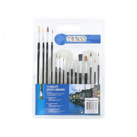 Set 15 pensule + 1 paleta pictura din plastic cu 10 compartimente
