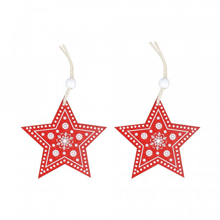 Set 2 stelute din lemn cu snur pentru agatat - rosu, 8 cm