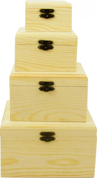 Set 4 cutiute din lemn de pin, 16 x 16 x 9.5 cm