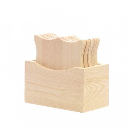 Set 5 suporturi pahare din lemn patrate + cutie