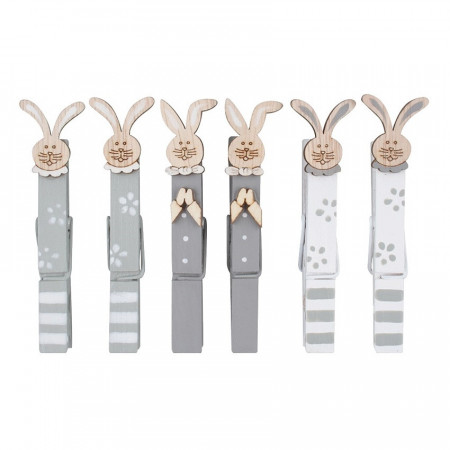 Set 6 iepurasi din lemn, pe clestisori din lemn, 8.5 cm