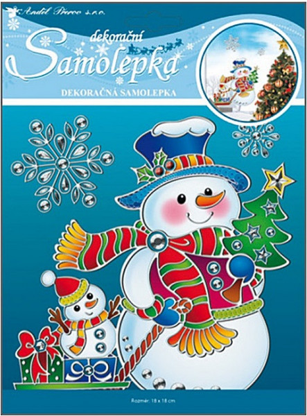 Sticker cu motive de iarna - om de zapada cu cadouri, 18 x 18 cm