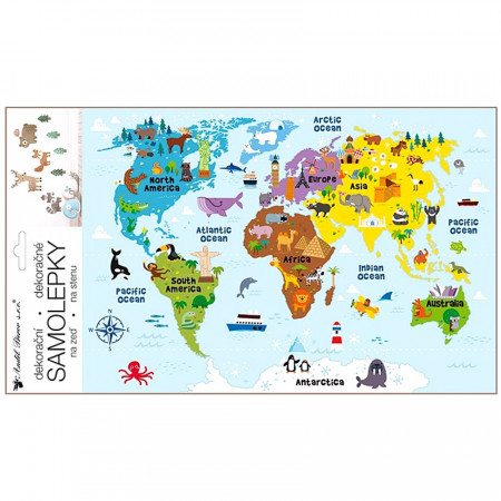 Sticker decorativ perete cu harta lumii, 24 x 42 cm