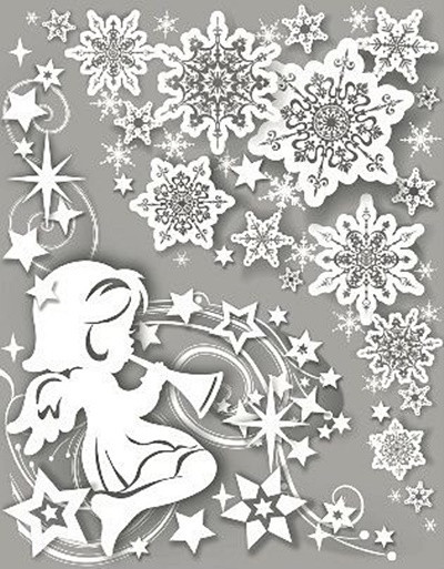 Sticker geam cu motive de iarna - ingeras cu trompeta si stele, 38 x 30 cm