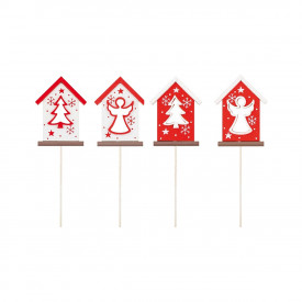 Set 4 casute de iarna din lemn, in rosu-alb, 8.5 cm + bat lemn