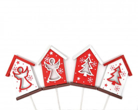 Set 4 casute de iarna din lemn, in rosu-alb, 8.5 cm + bat lemn