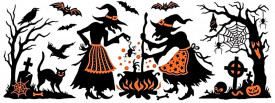 Sticker geam cu sclipici, motive de Halloween - vrajitoarele, 59 x 21 cm