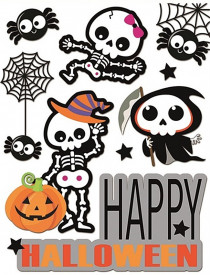Sticker geam cu sclipici, Happy Halloween - schelete simpatice, 42 x 30 cm