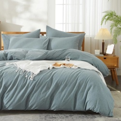 Set de lenjerie pentru pat single, din bumbac și in, dimensiuni 135x200 cm (husă pilotă) și față pernă 80x80 cm, culoare albastru, țesătură Renforcé, respirabil și ușor de întreținut (fără călcare).