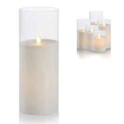Lumânare LED în pahar de sticlă, cu ceară reală și flacără – design elegant și timer pentru o atmosferă relaxantă.