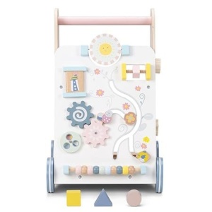 Antepremergator educational si interactiv Navaris, din lemn de pin, 50 x 32.5 x 31 cm, joc de potrivire a formelor, labirint, abac, jocuri interactive, roti de cauciuc, Bej/Multicolor - Img 2