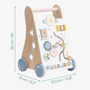 Antepremergator educational si interactiv Navaris, din lemn de pin, 50 x 32.5 x 31 cm, joc de potrivire a formelor, labirint, abac, jocuri interactive, roti de cauciuc, Bej/Multicolor - Img 6